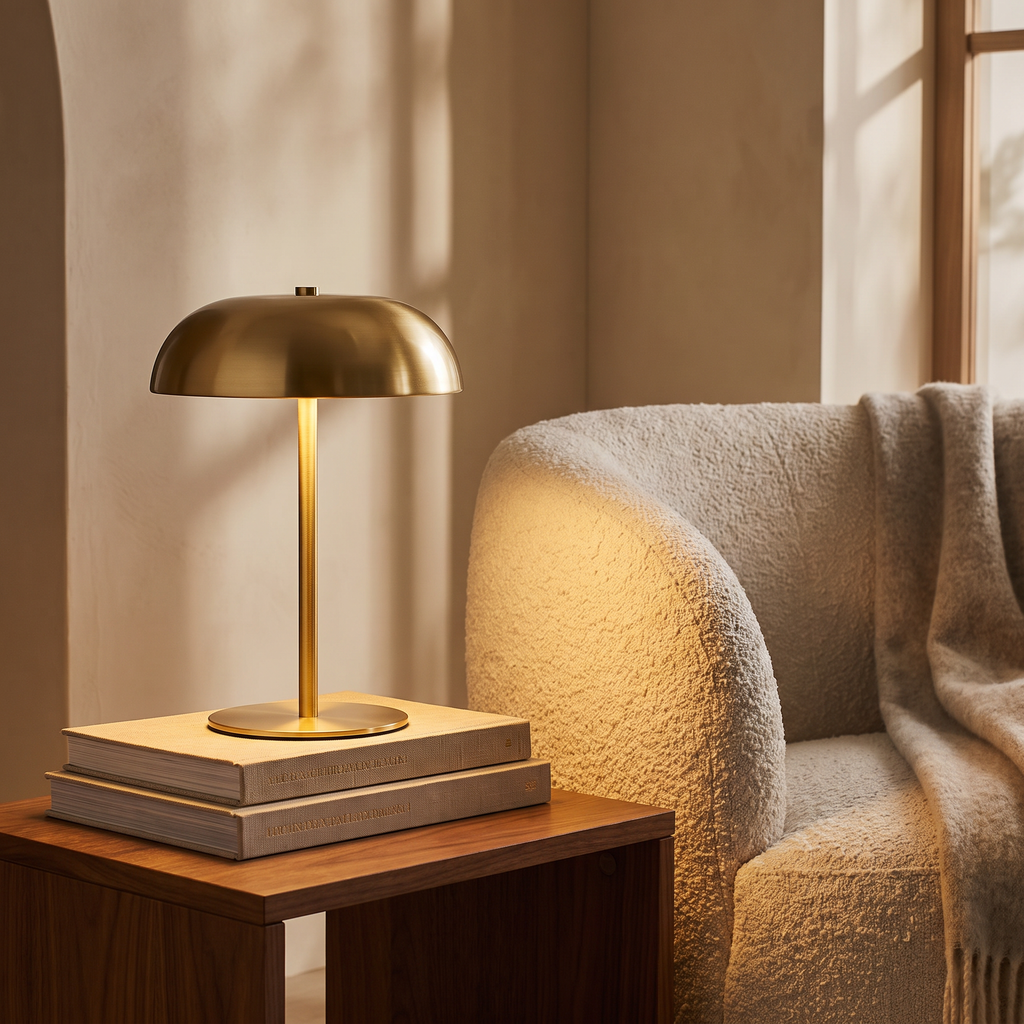 Wren mushroom lamp on books beside a boucle armchair