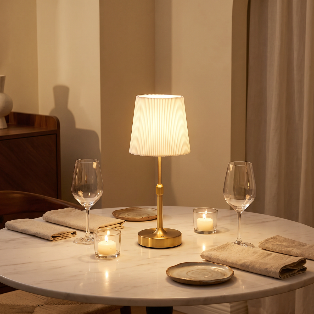 Linford pleated lamp on a marble dining table set for two