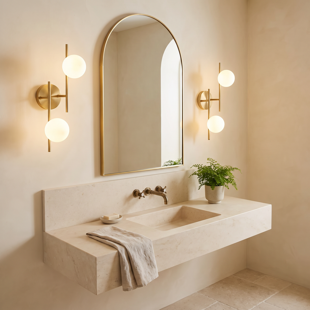 A pair of Orsett wall lights either side of an arched mirror above a stone washstand