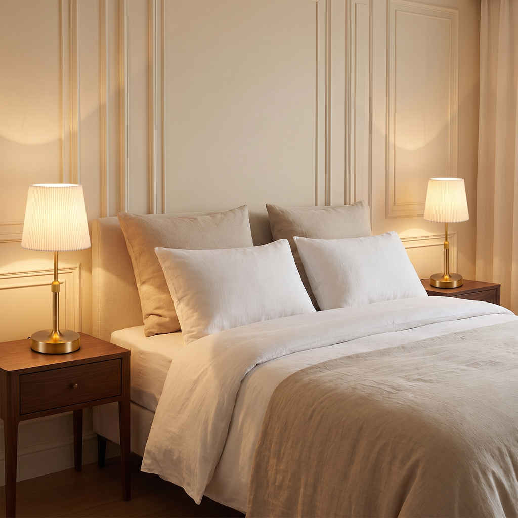 A pair of Linford lamps on bedside tables either side of a bed