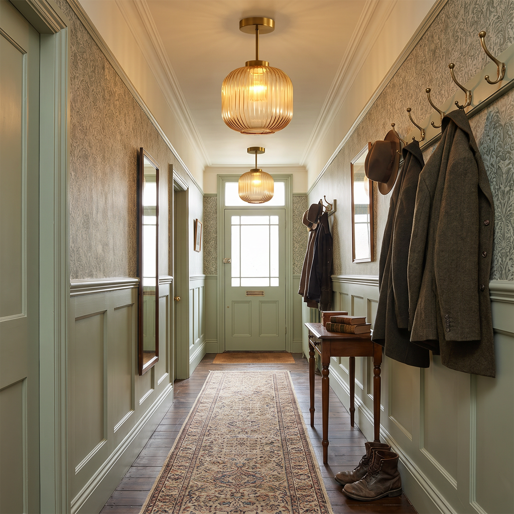 Two amber Thornbury lights along a panelled hallway