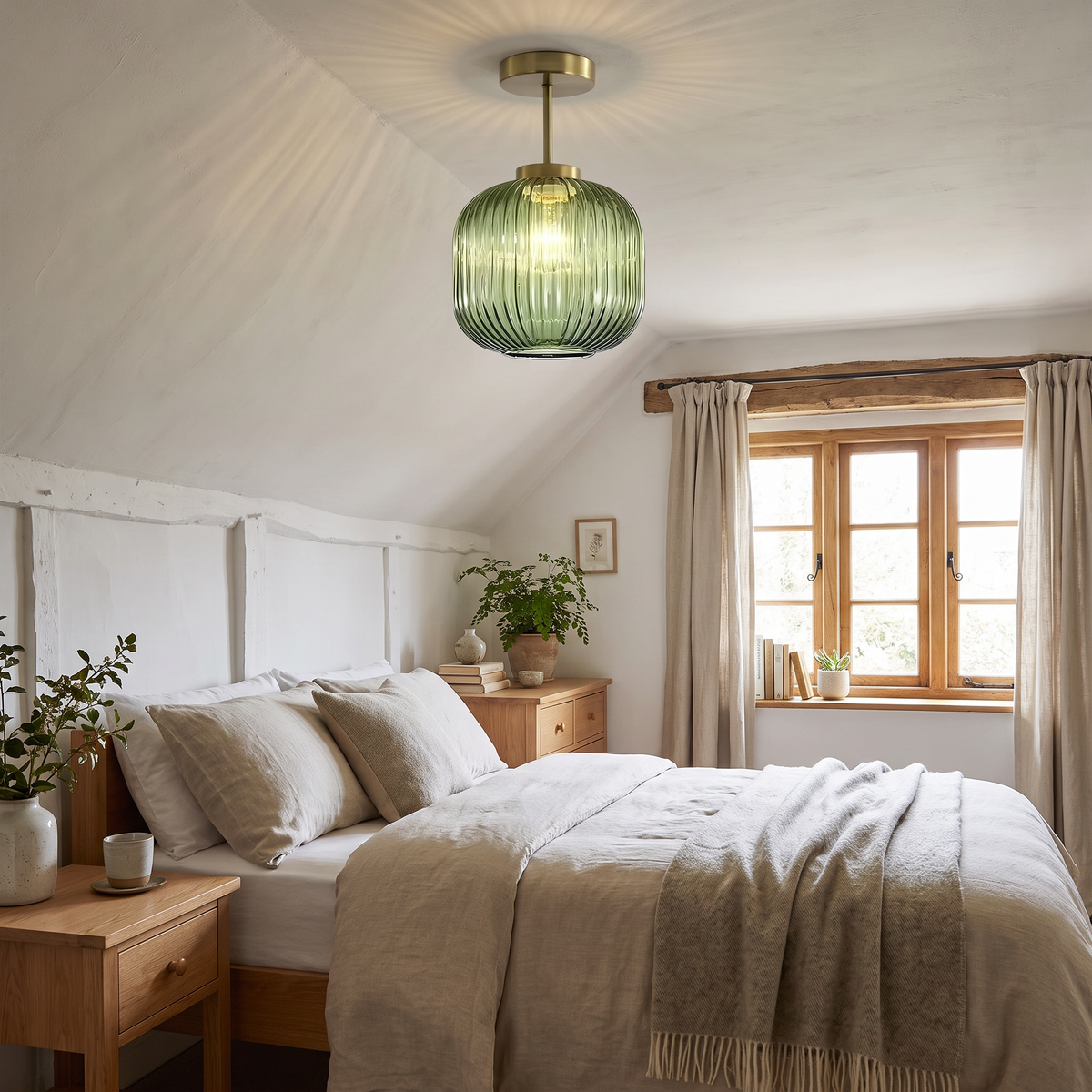 Green Thornbury light in a cottage bedroom with a sloping ceiling
