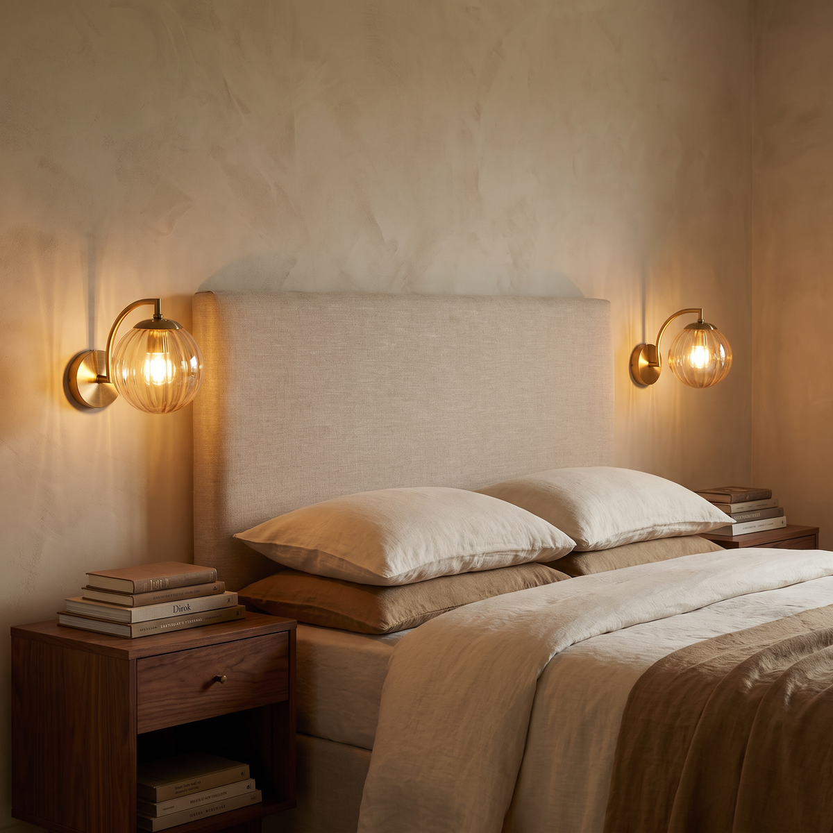 A pair of amber Ashcombe wall lights either side of a linen headboard