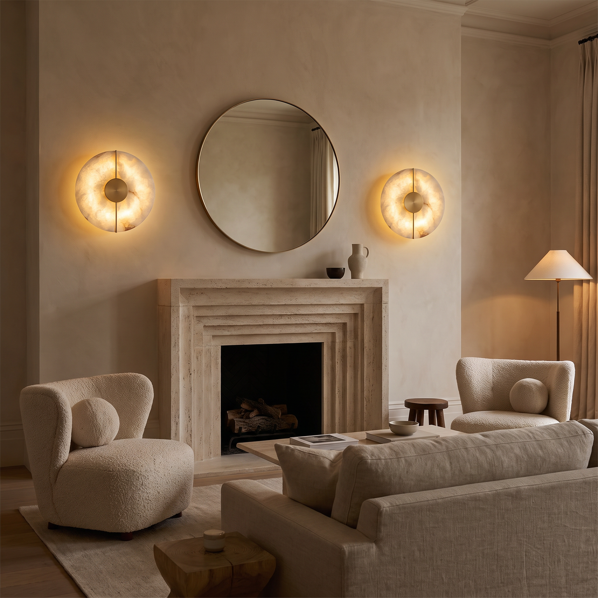 A pair of Avebury alabaster wall lights either side of a limestone fireplace