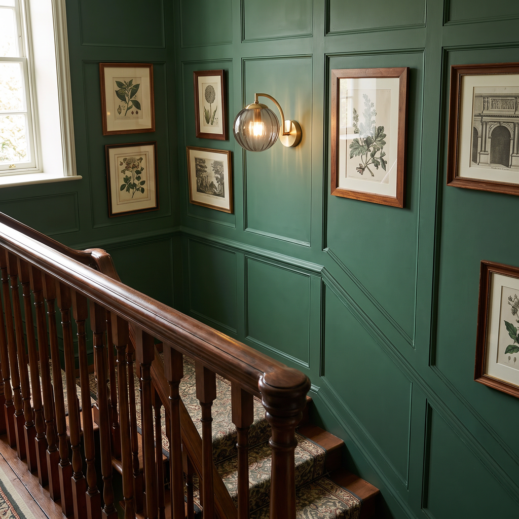 Smoked grey Ashcombe wall light on a green panelled staircase