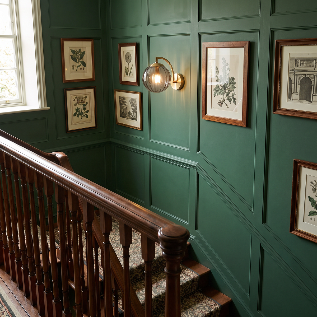 Smoked grey Ashcombe wall light on a green panelled staircase