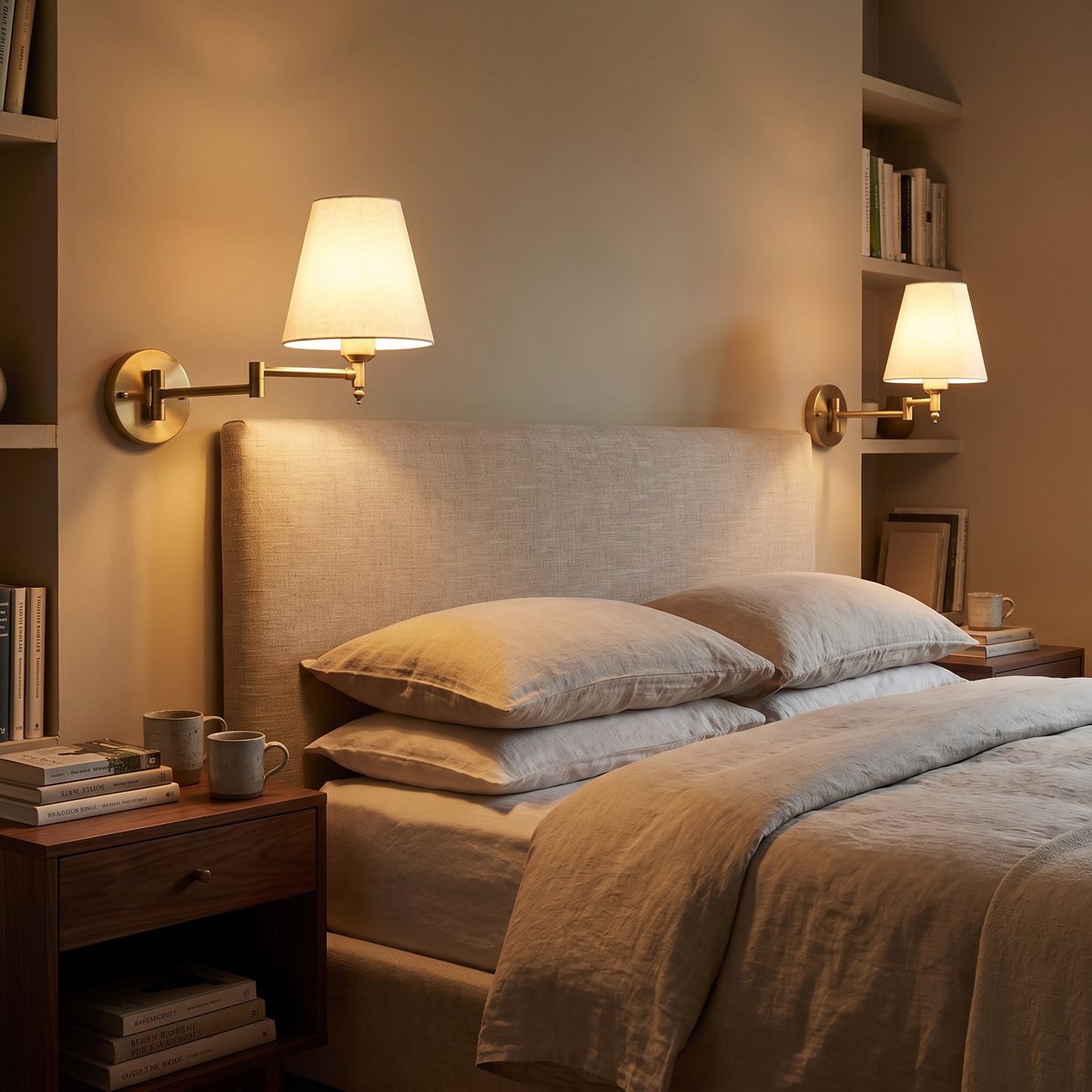 Two brass Hatton swing arm lights either side of a bed, one pulled out for reading