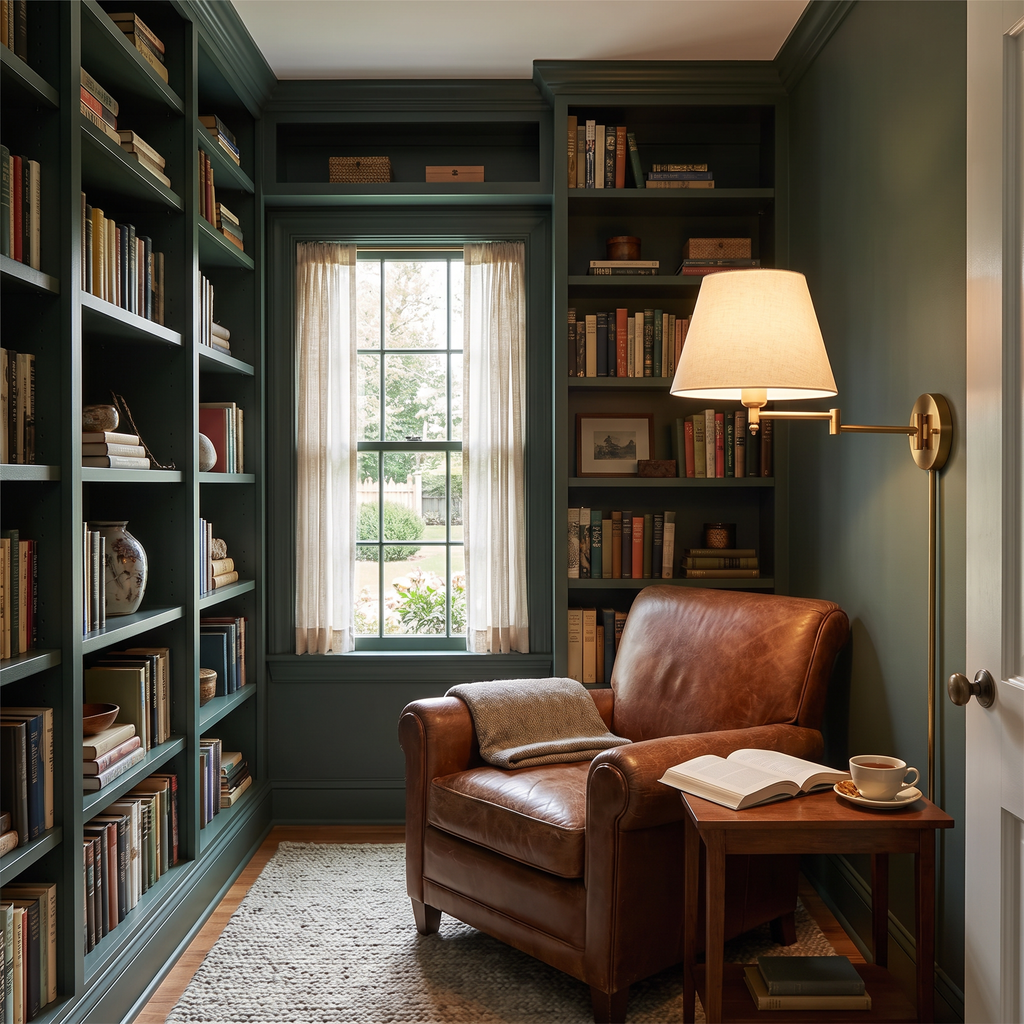 Hatton swing arm light extended over a leather armchair in a library