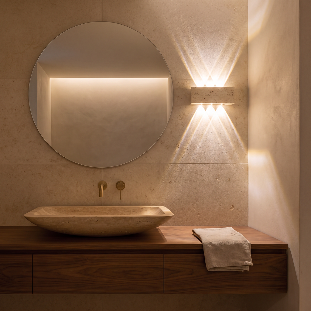 Purbeck travertine wall light beside a round mirror in a limestone bathroom