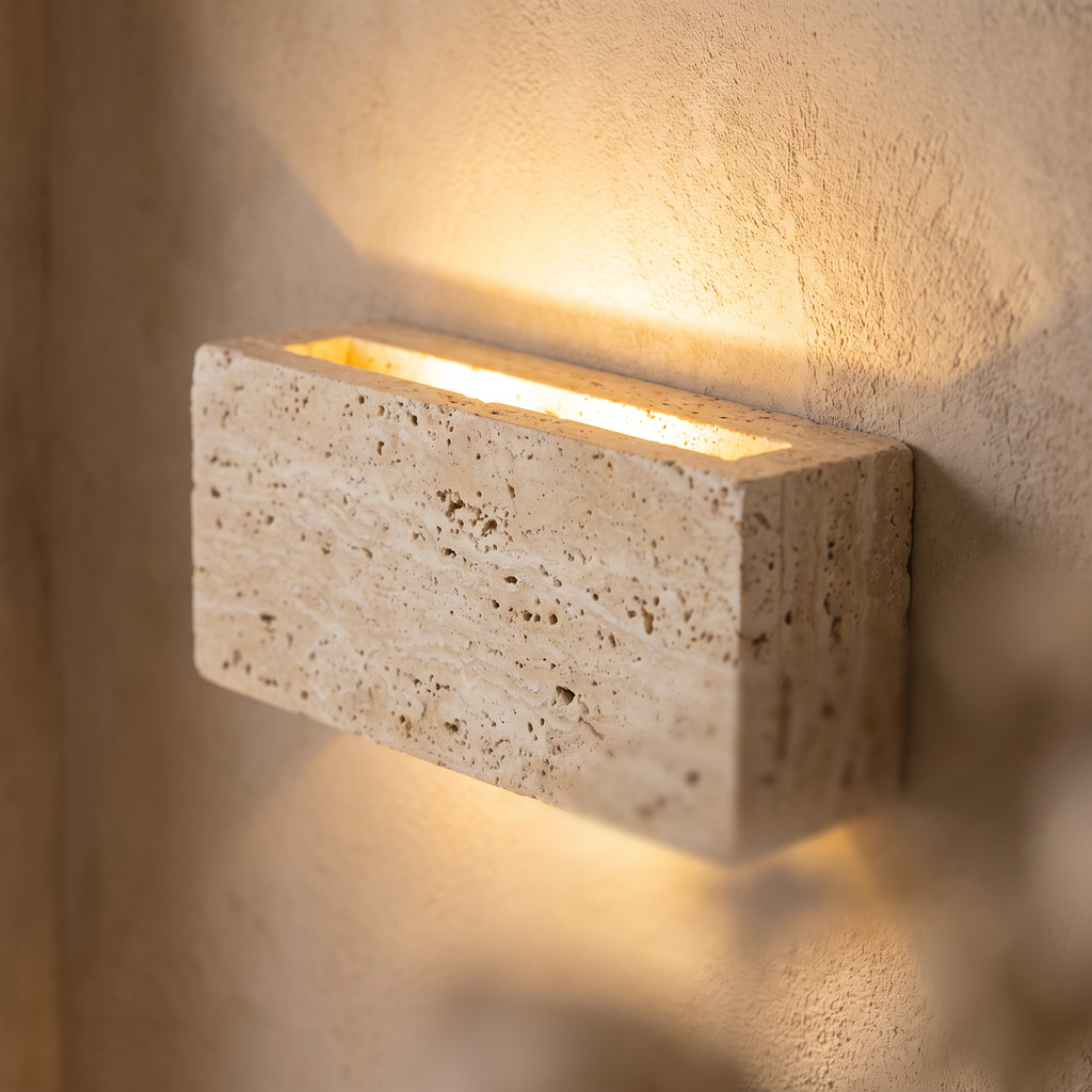 Close up of the natural travertine with warm light from the top