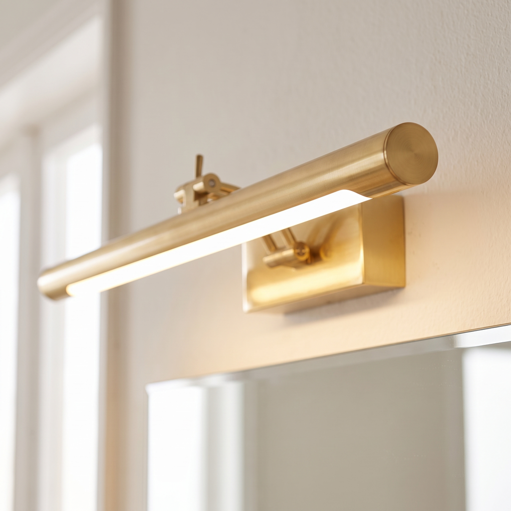 Close up of the Ardeen brass finish bar lit above a mirror