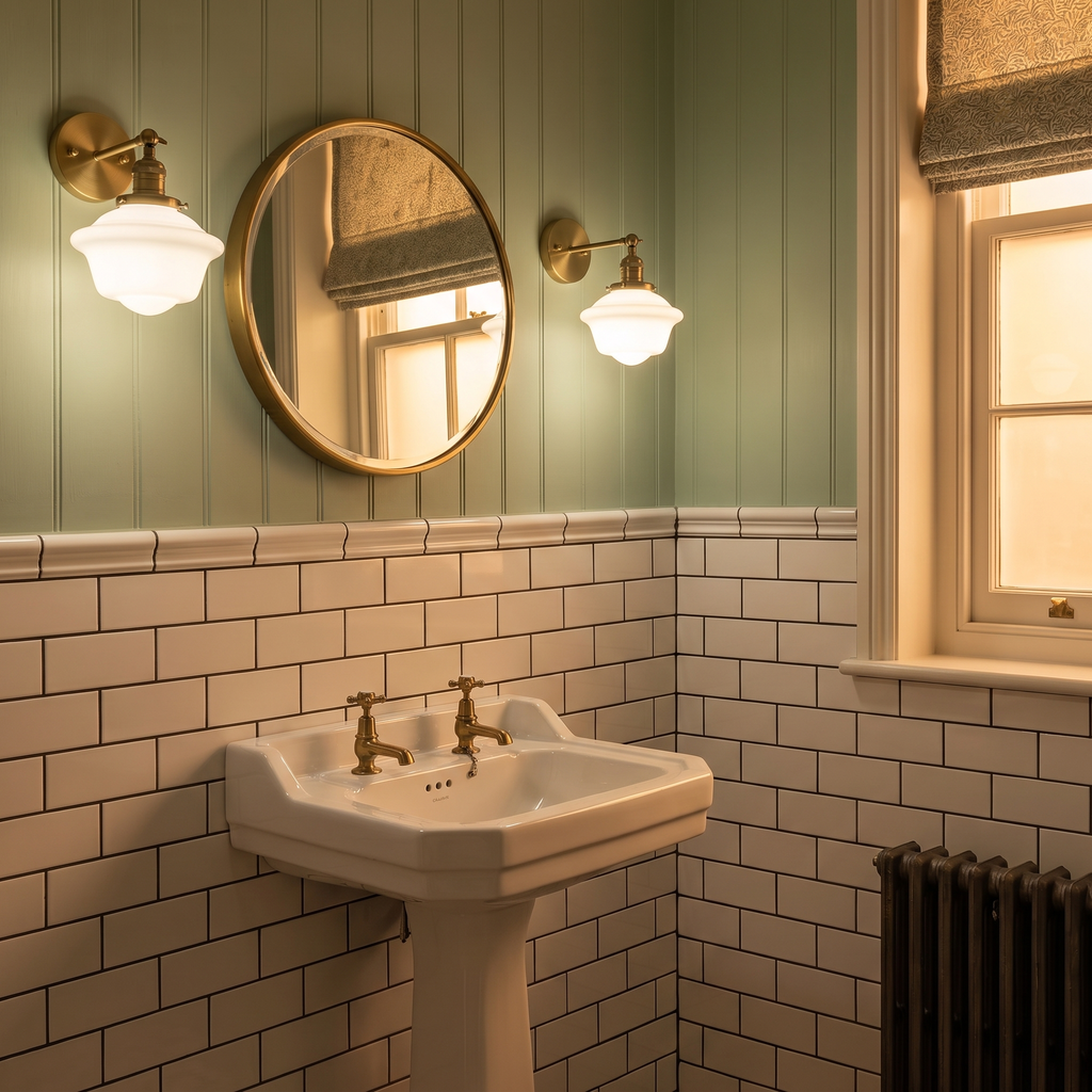 A pair of Ely milk glass wall lights either side of a round mirror in a period bathroom
