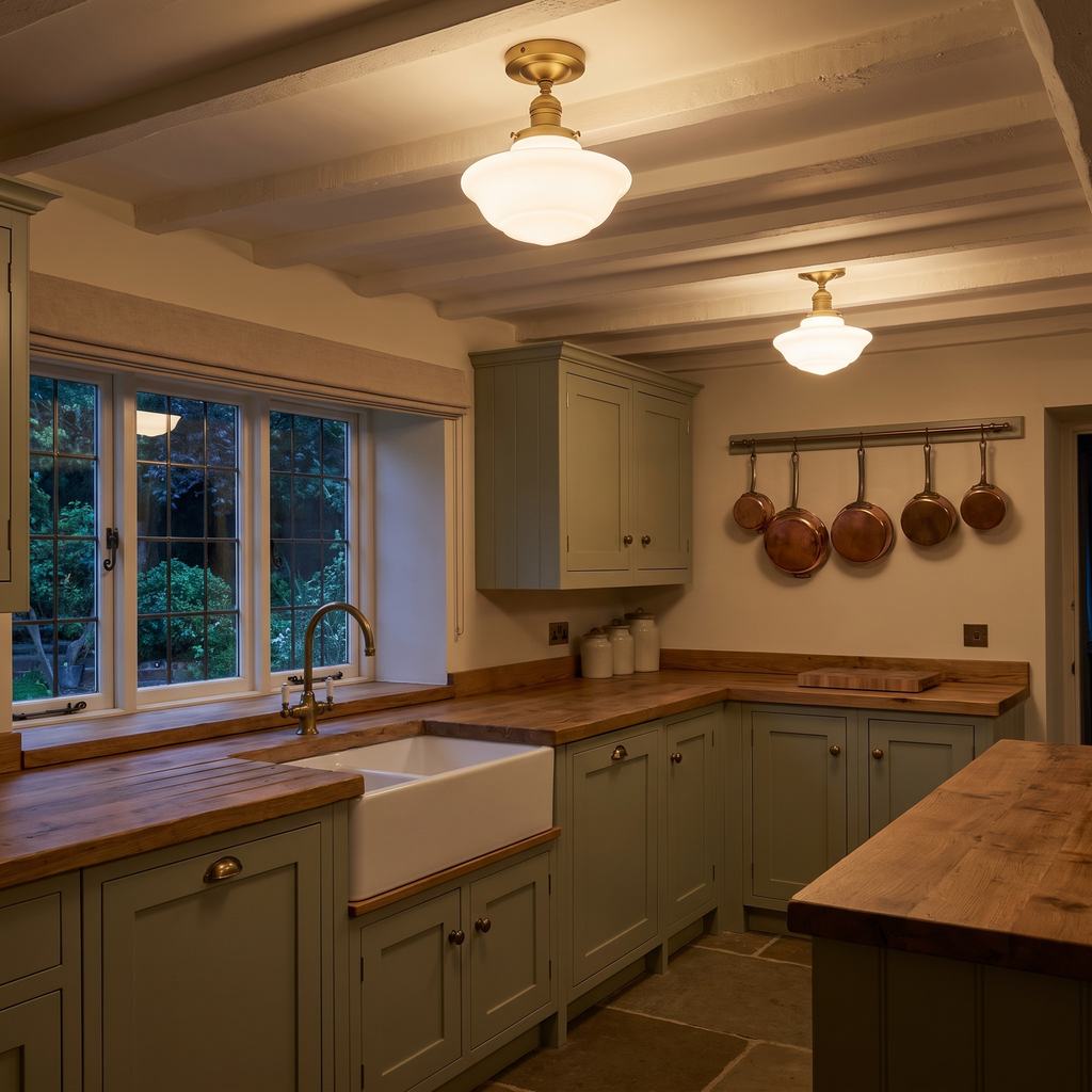 Two Ely milk glass ceiling lights in a row in a country kitchen