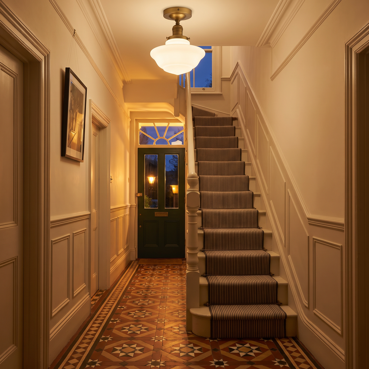 Ely milk glass ceiling light lit in a Victorian hallway with a tiled floor