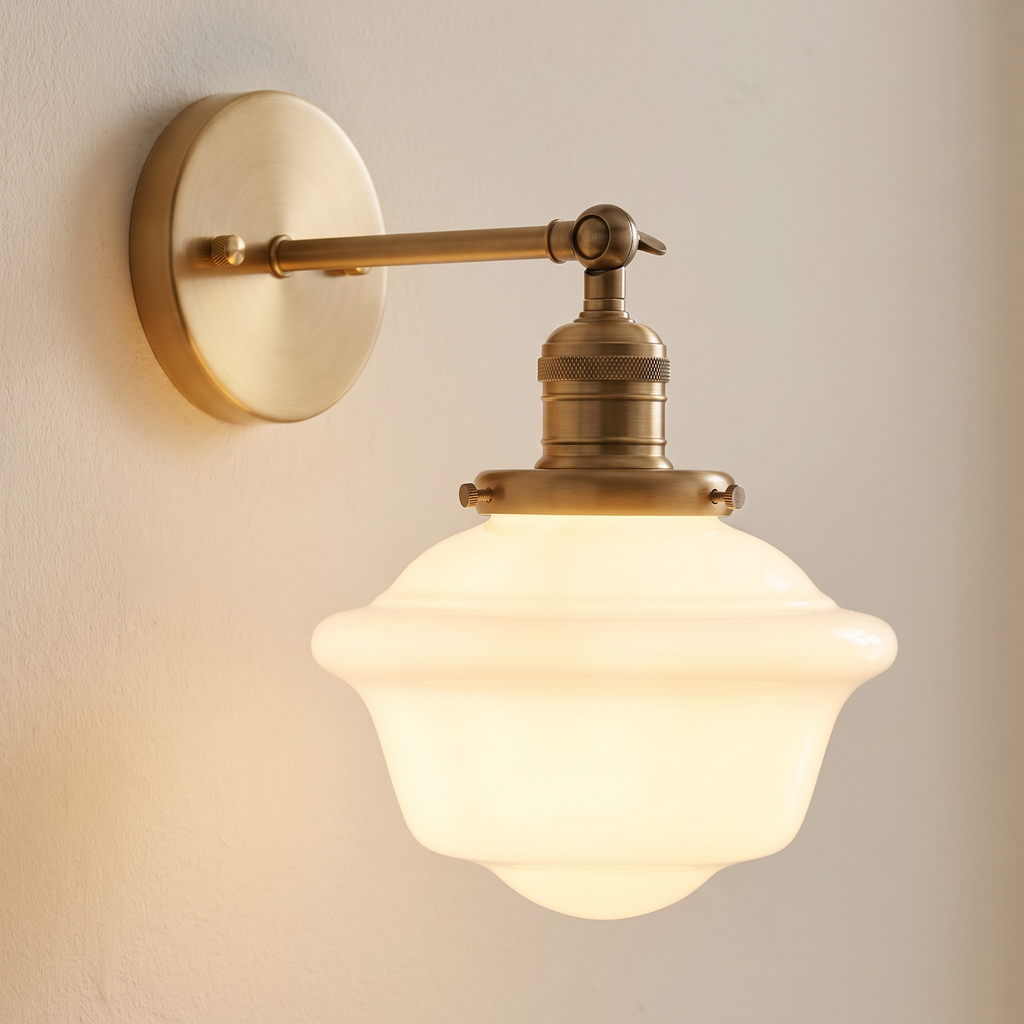 Close up of the Ely antique brass finish holder and opal milk glass shade