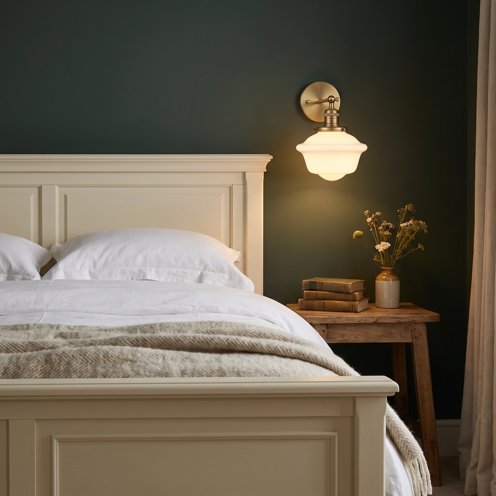 Ely milk glass wall light lit above a bedside table against a dark green wall