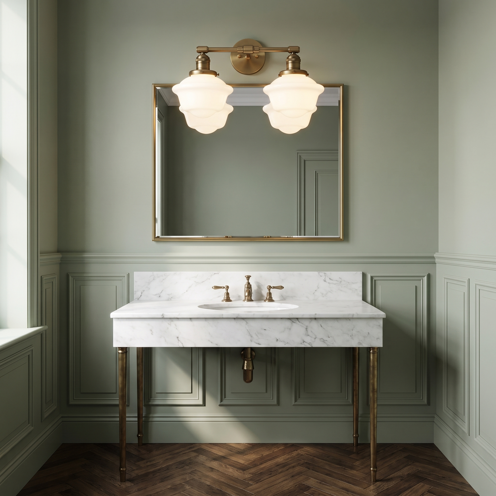 Ely two light vanity light in antique brass lit above a brass framed mirror and marble washstand in a sage green panelled bathroom