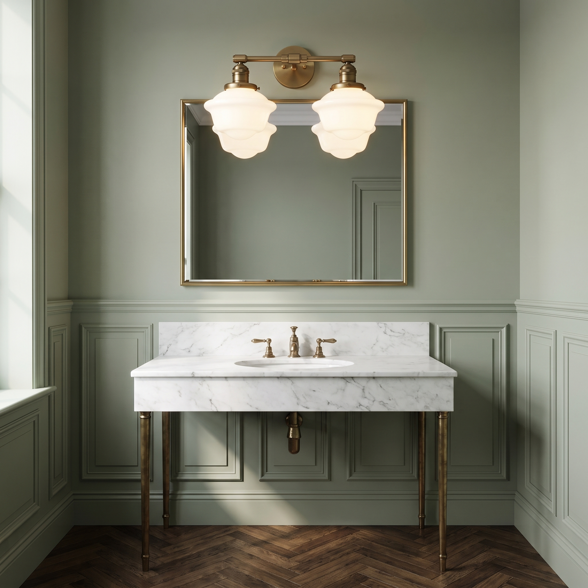 Ely two light vanity light in antique brass lit above a brass framed mirror and marble washstand in a sage green panelled bathroom