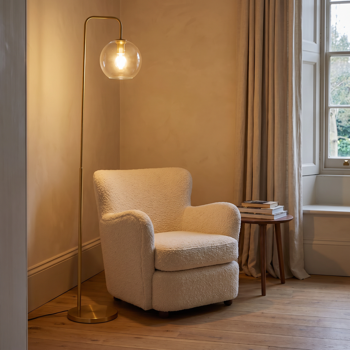 Clifton gold arc floor lamp lit beside a cream boucle armchair in a limewashed living room