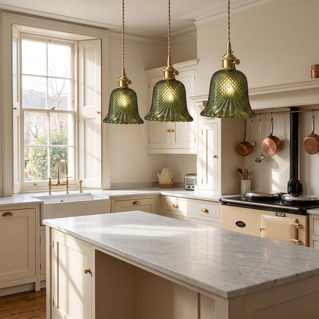 Three green Lavenham cut glass pendant lights lit over a marble kitchen island in a cream Victorian style kitchen