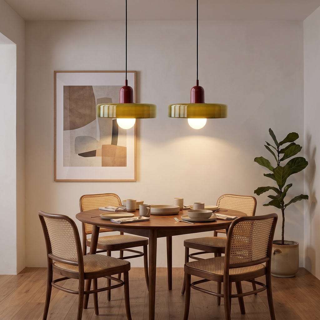 Two olive and burgundy Welwyn pendant lights lit over a round walnut dining table with cane chairs