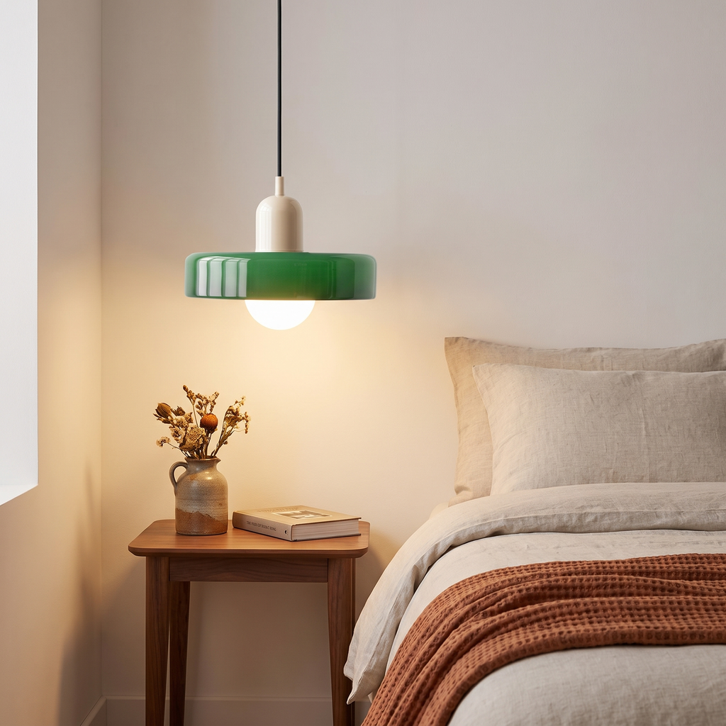 Green and cream Welwyn pendant light glowing beside a bed with linen bedding and a walnut bedside table