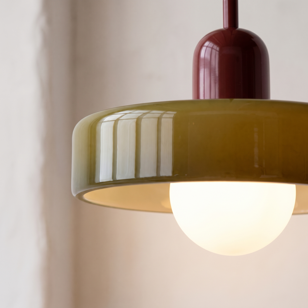 Close up of the Welwyn olive glass disc, burgundy cap and frosted globe bulb, lit