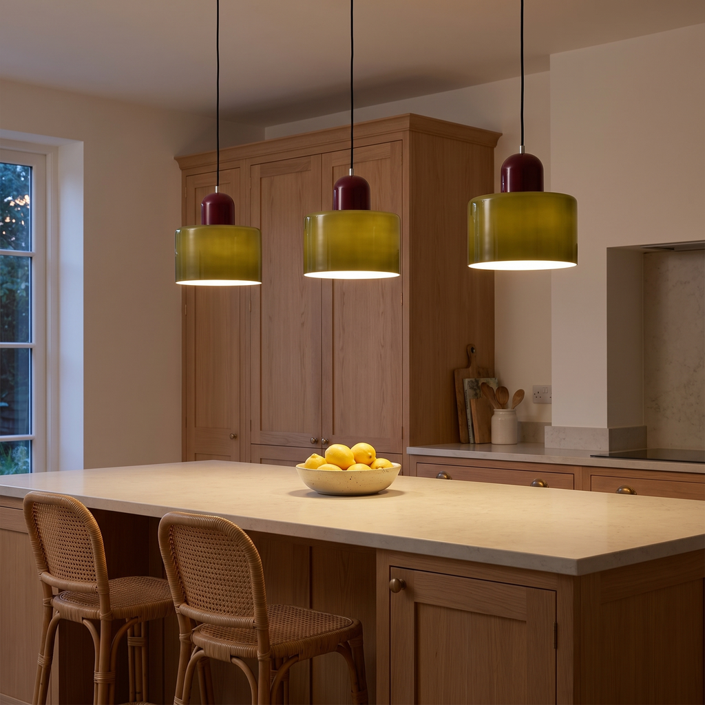 Three olive Thaxted pendant lights with wine red caps lit in a row in an oak kitchen