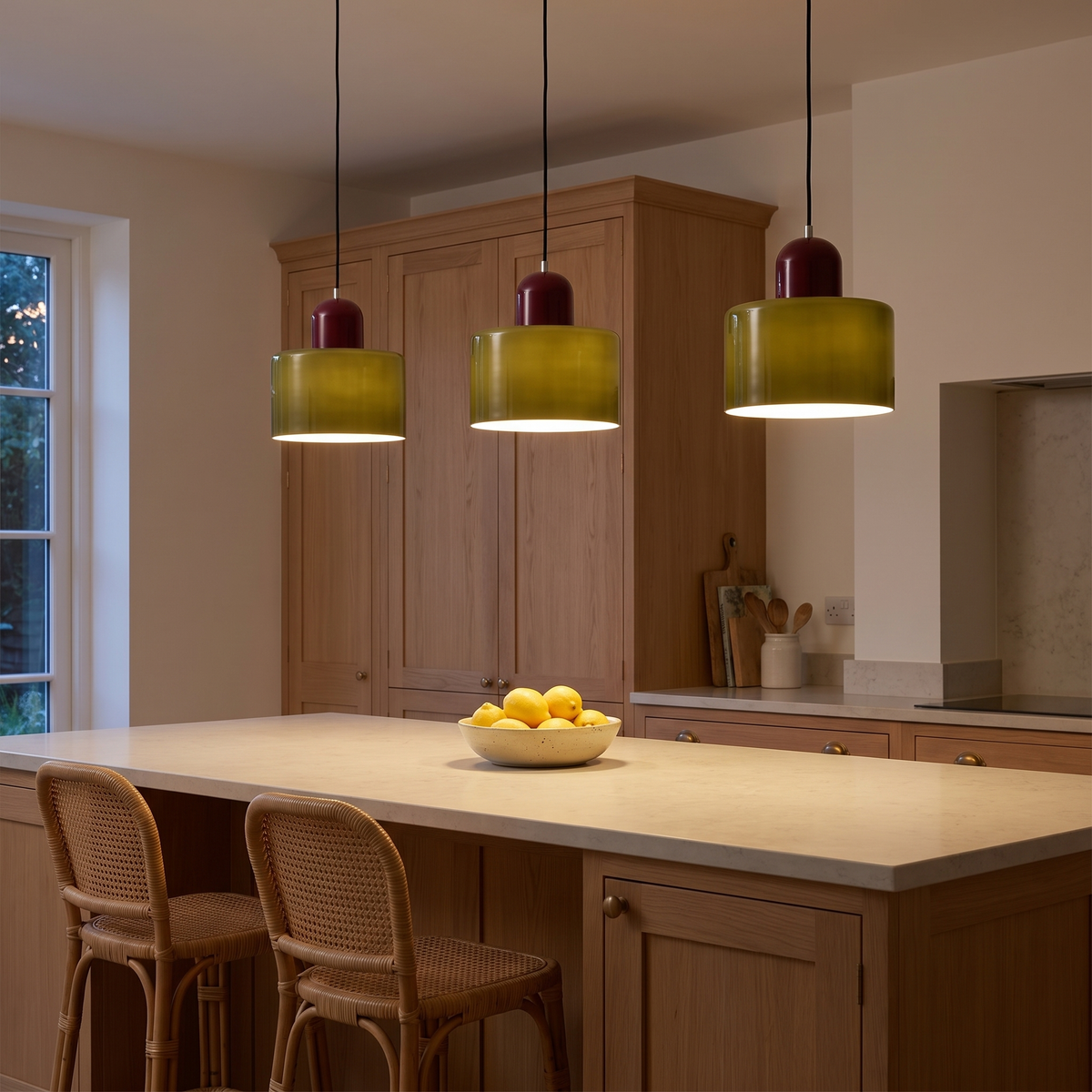 Three olive Thaxted pendant lights with wine red caps lit in a row in an oak kitchen
