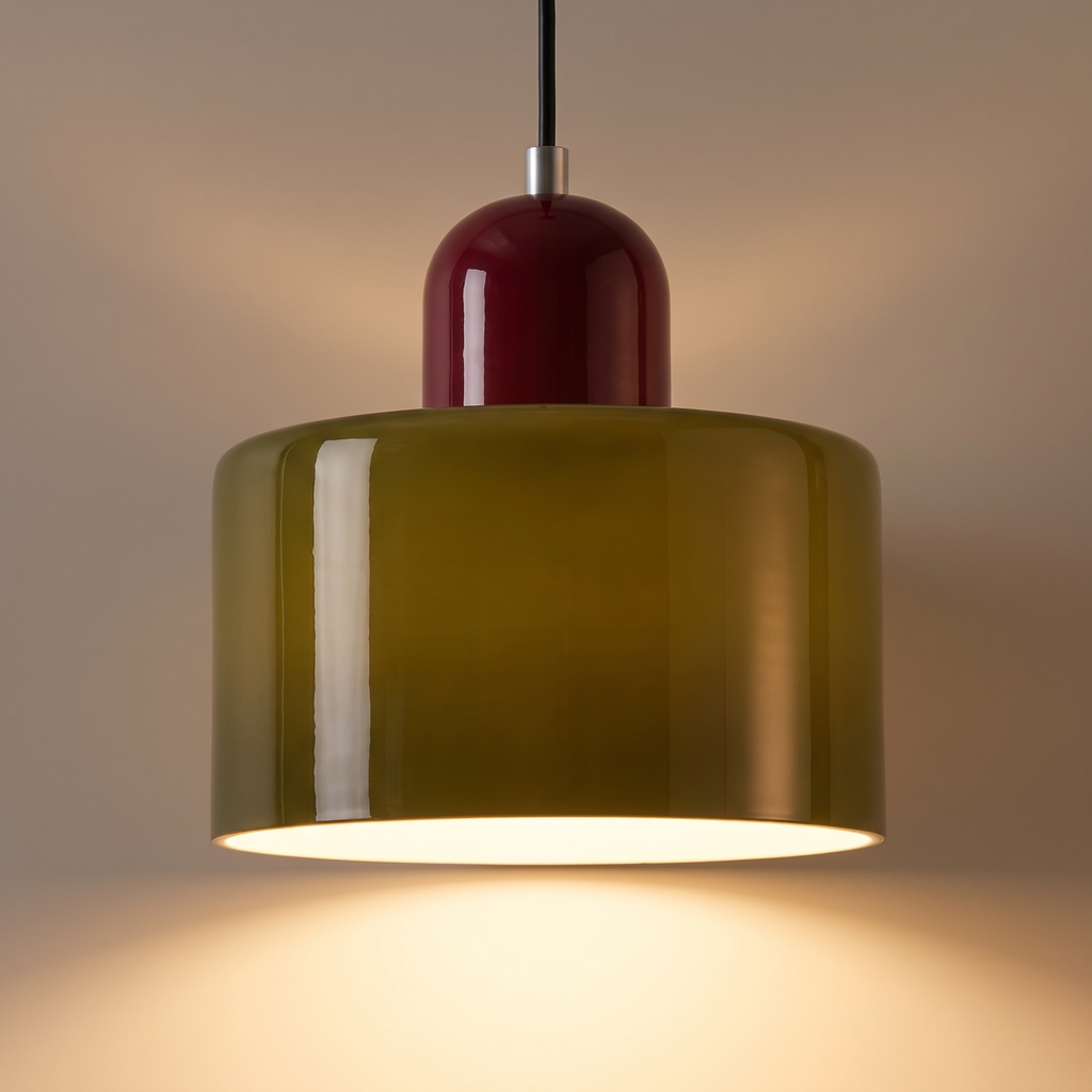 Close up of the Thaxted glossy olive glass drum and wine red cap, lit