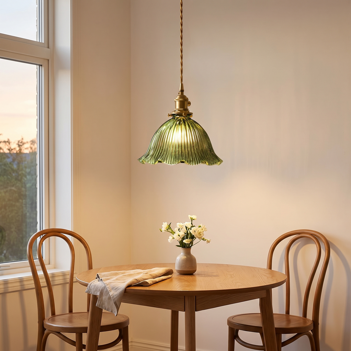 Green Dedham pendant light glowing low over a small oak dining table