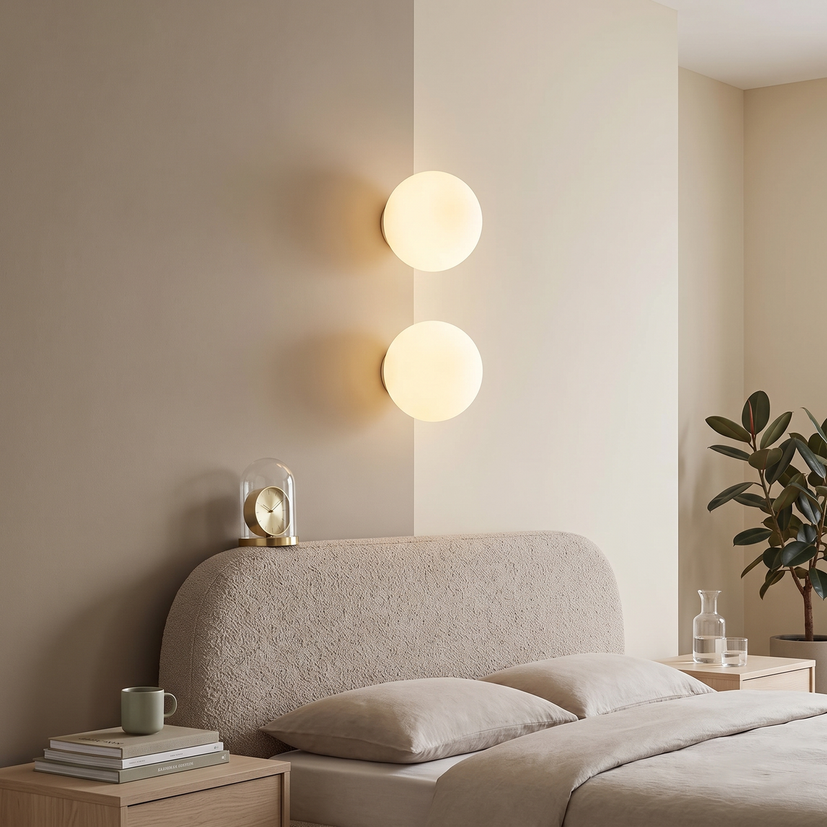 A pair of Aldeburgh frosted glass globe wall lights lit beside a bed