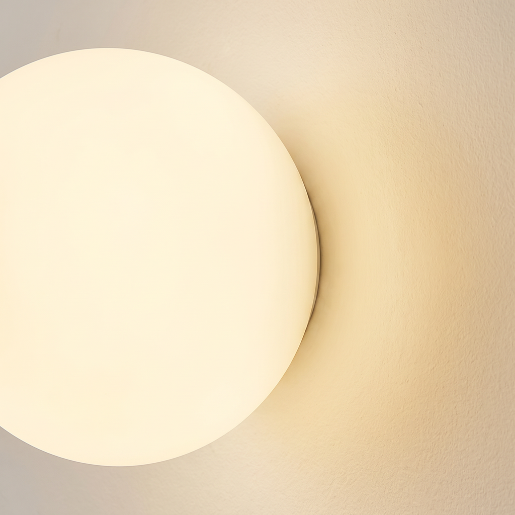 Close up of the Aldeburgh frosted opal glass globe glowing against the wall
