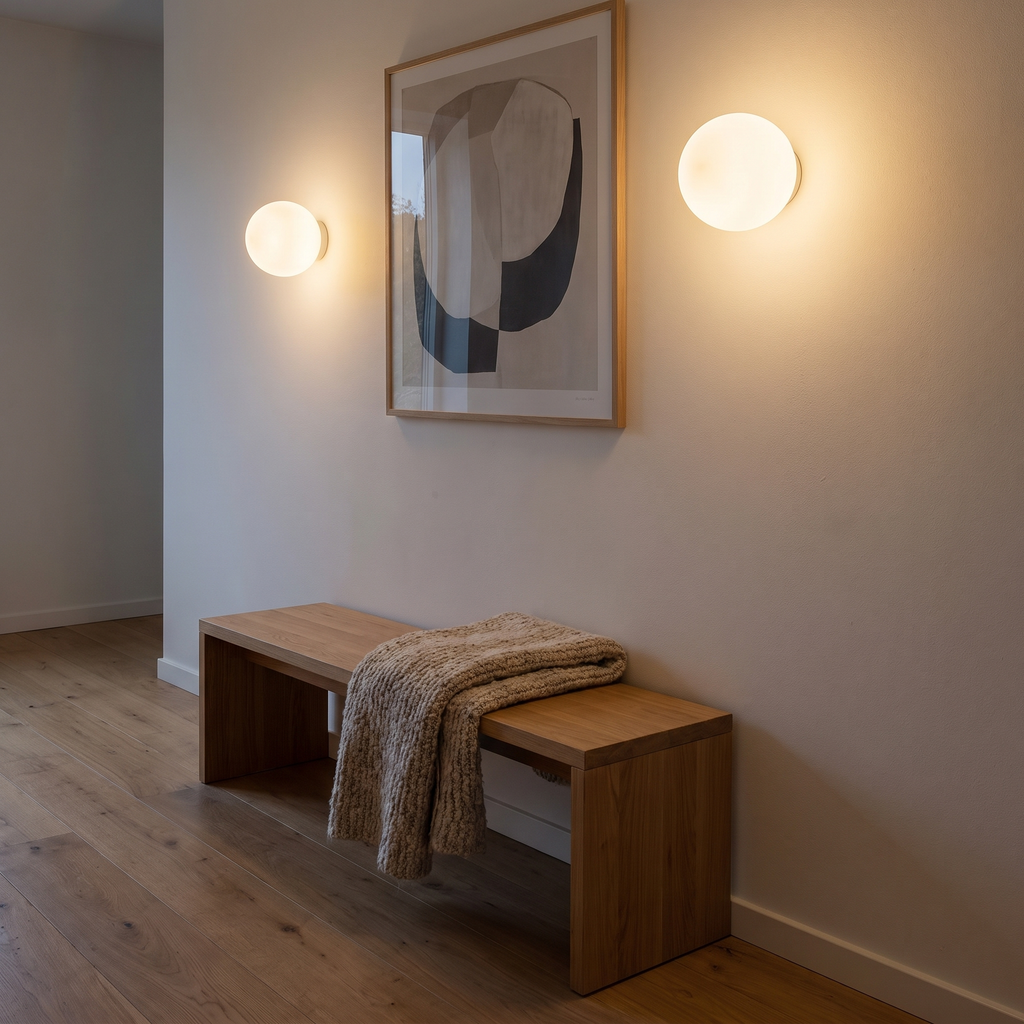 Two Aldeburgh frosted glass globe wall lights lit along a landing wall