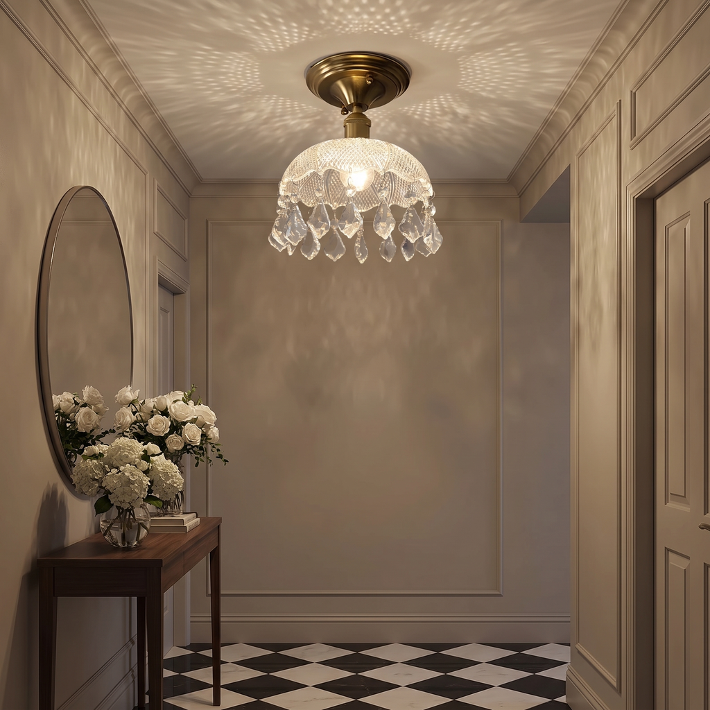 Kersey crystal flush ceiling light sparkling on the ceiling of a panelled entrance hall