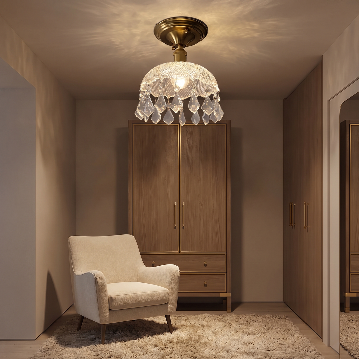 Kersey crystal flush ceiling light glowing in a dressing room