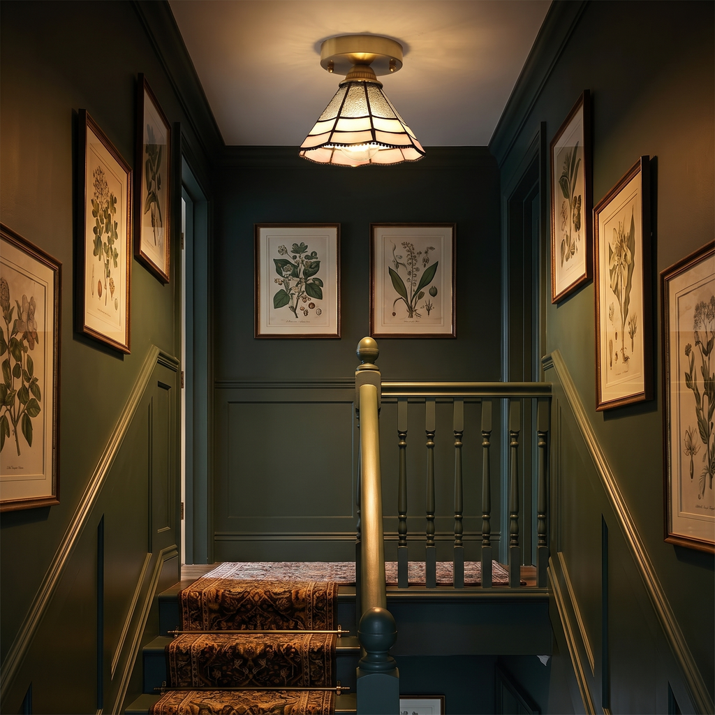 Orford stained glass flush ceiling light lit above a Victorian style landing