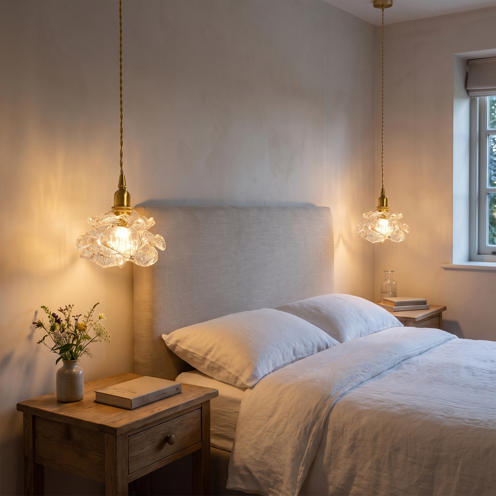 A pair of clear Thorpeness rose glass pendant lights hanging either side of a bed