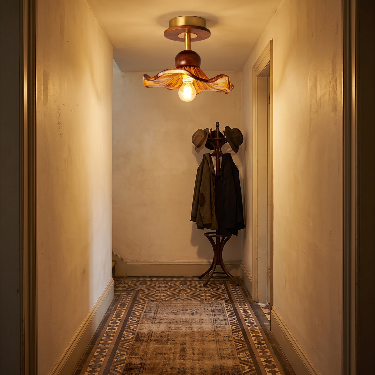Amber Blakeney semi flush ceiling light glowing in a period hallway with a tiled floor