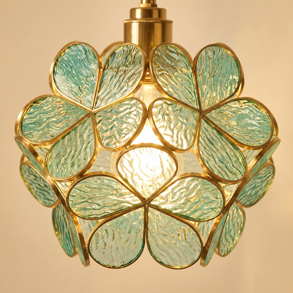 Close up of the Halesworth sea green textured glass petals and brass frames, lit