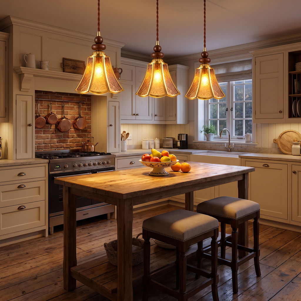 Three amber Yoxford embossed glass pendant lights over a wooden kitchen island