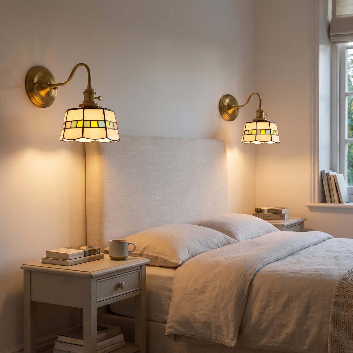 A pair of Snape stained glass wall lights lit either side of a bed