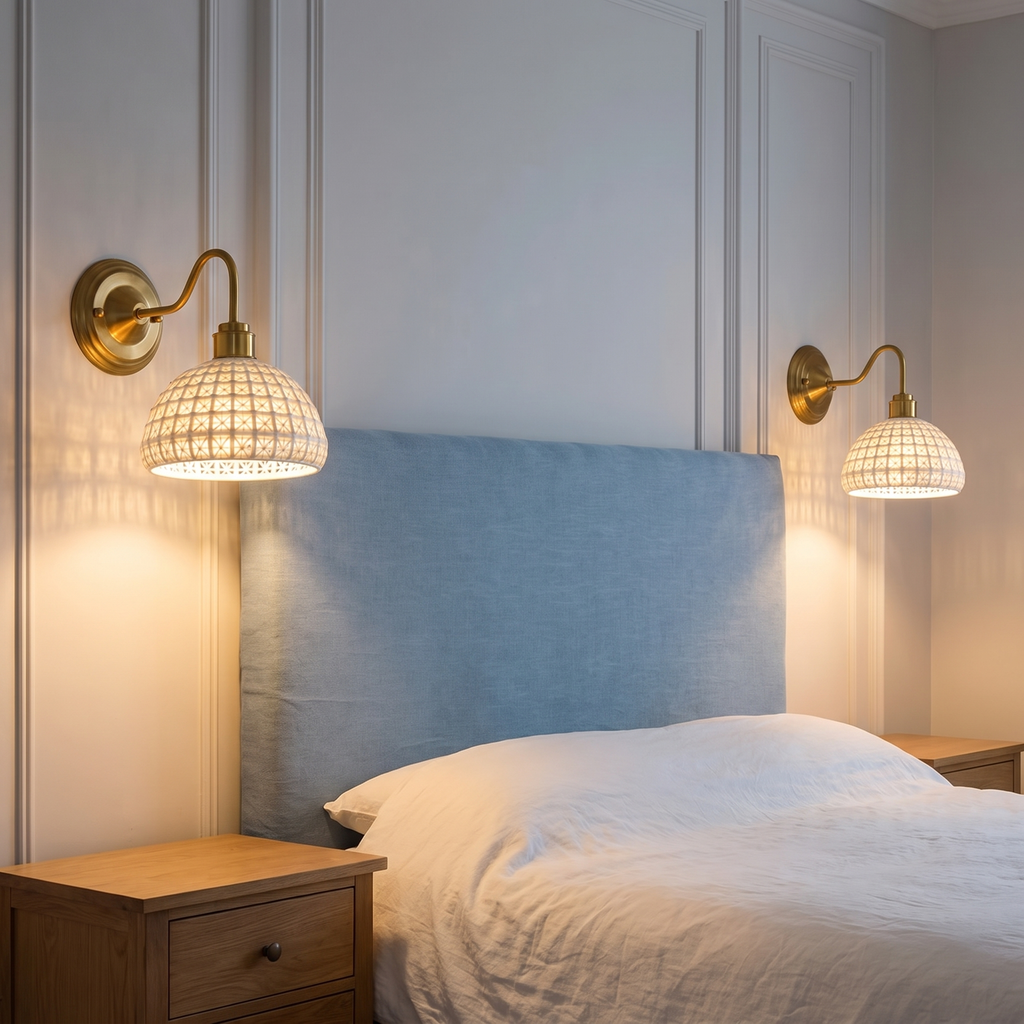 A pair of Wangford ceramic lattice wall lights lit either side of a bed