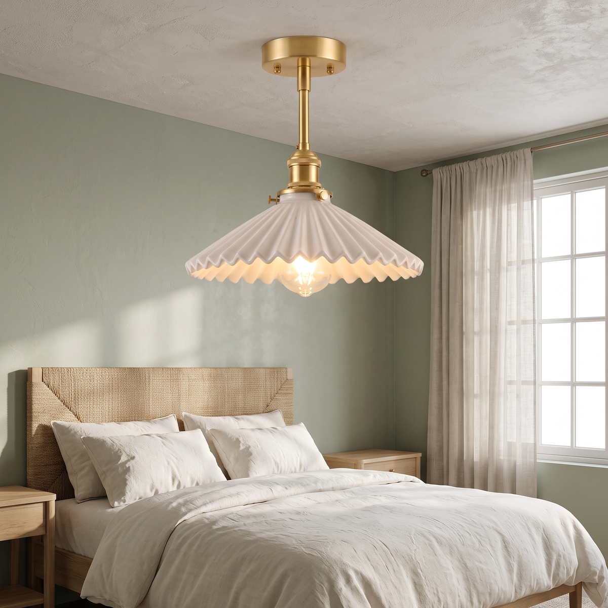Debenham pleated ceramic ceiling light glowing on a bedroom ceiling