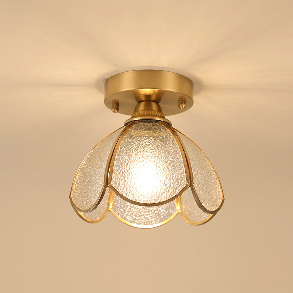 Hadleigh flush ceiling light with six petals of clear textured glass in a brass frame, lit