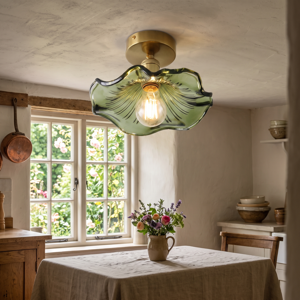 Green Framlingham lotus leaf ceiling light lit above a cottage kitchen table