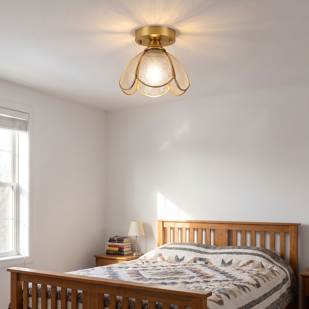 Hadleigh petal glass flush ceiling light on the ceiling of a small guest bedroom
