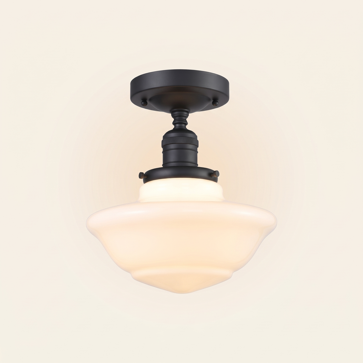 Ely milk glass semi flush ceiling light in black, lit, on a cream background