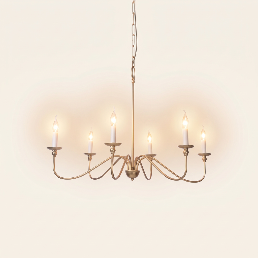 Ashworth gold six light candle chandelier, lit, on a cream background