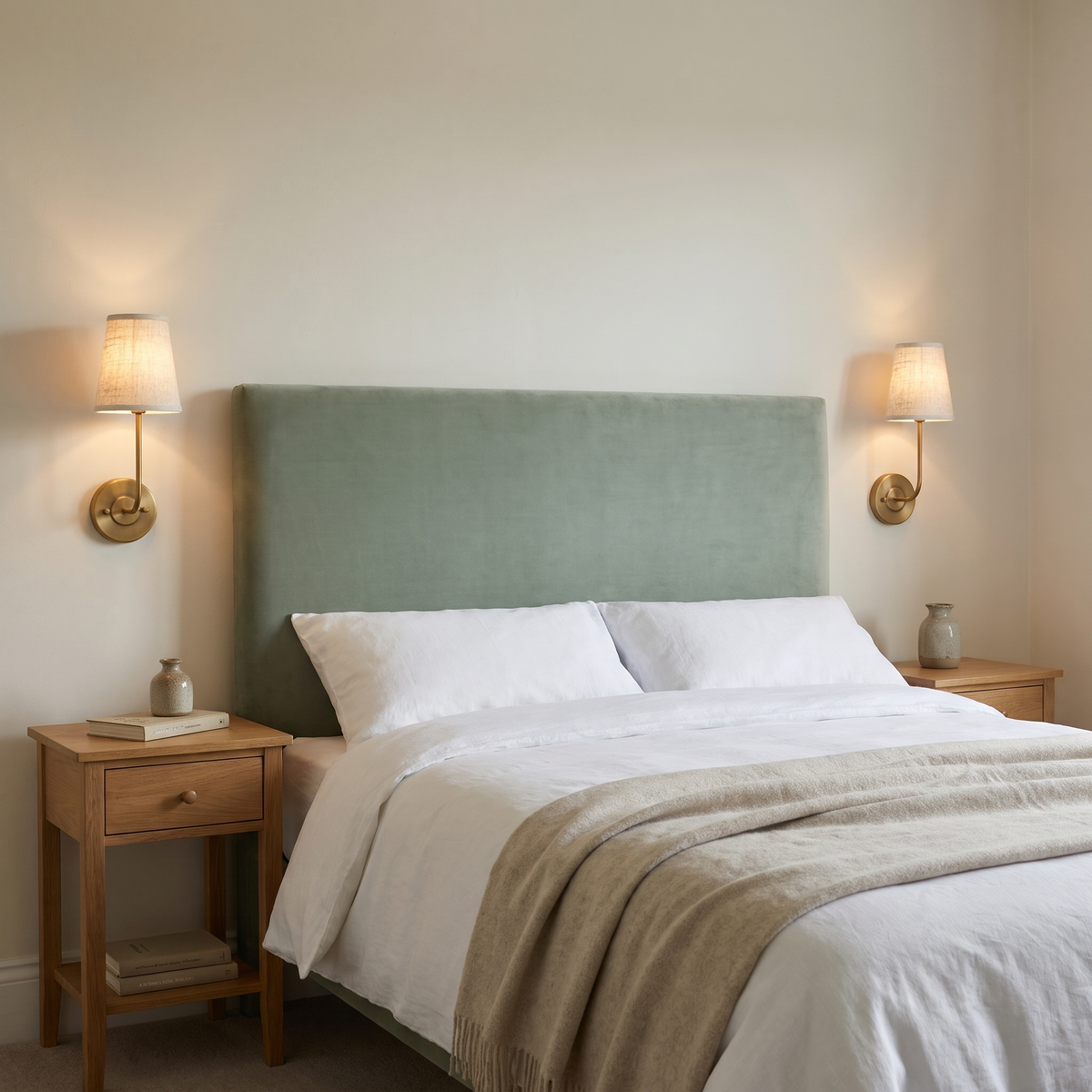 Two lit Hintlesham antique brass wall lights either side of a bed with a sage velvet headboard
